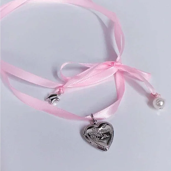 balletcore heart locket pink ribbon choker - Picture 4 of 5